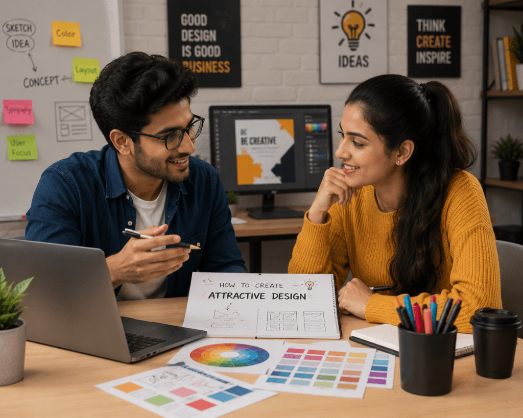 boy and girl discussing how to create a attractive graphic design