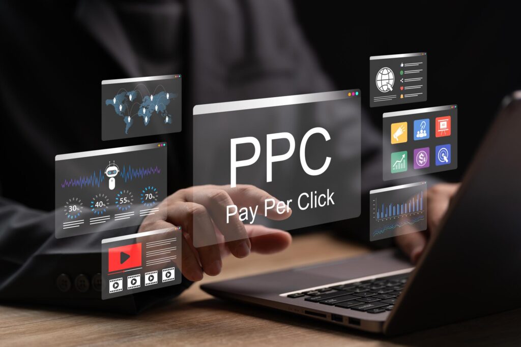 Pay-per-click advertising for digital marketing strategy showing keyword targeting, bidding, ad campaigns, and performance analytics to maximize clicks and conversions.
