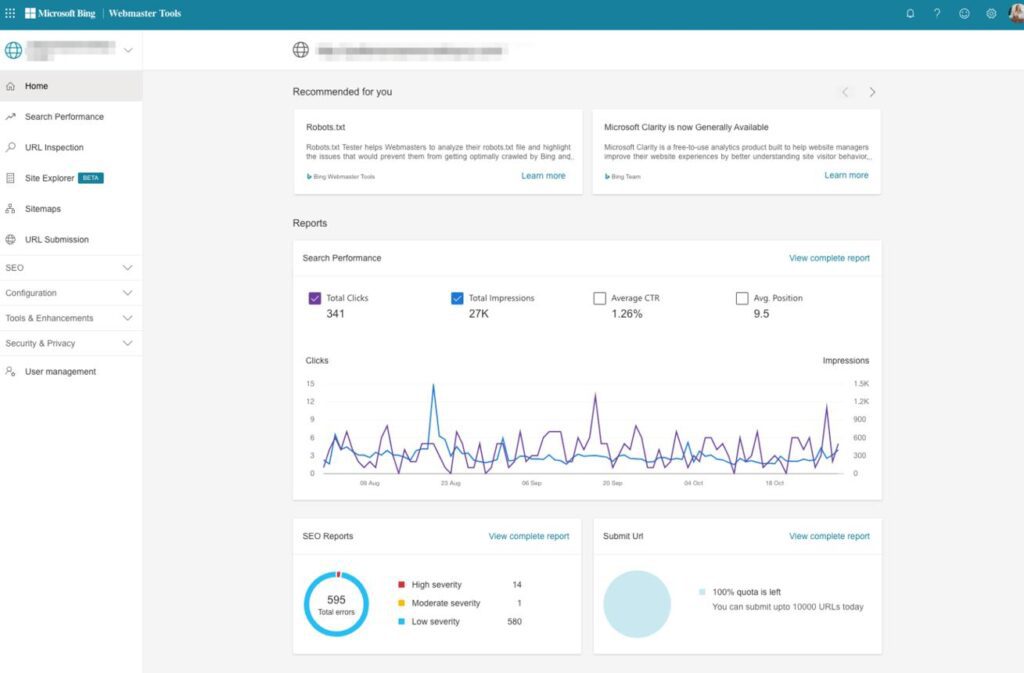 Webmaster tools Bing Webmaster Tools dashboard showing search performance reports, clicks, impressions, CTR, and SEO insights graphs.