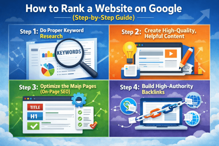 Infographic showing how to rank a website on Google, with icons representing three steps: keyword research, building backlinks, and applying SEO techniques