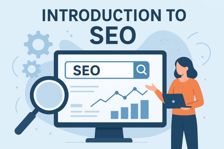 Illustration showing the concept of Introduction to SEO with a browser window, magnifying glass, rising graph, and gear icon