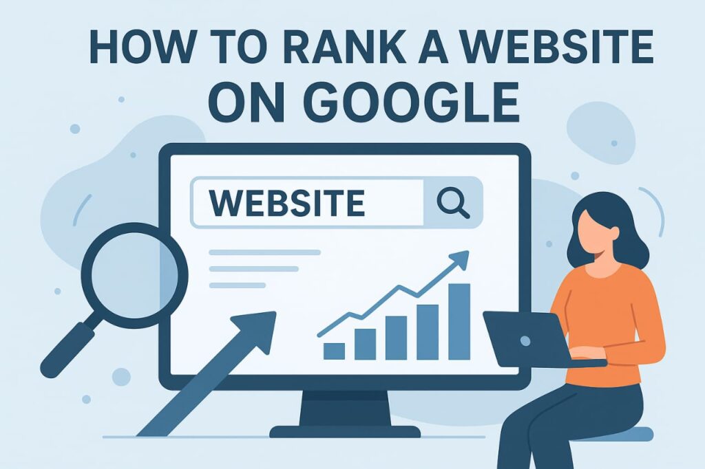 Infographic showing how to rank a website on Google, with icons representing three steps: keyword research, building backlinks, and applying SEO techniques