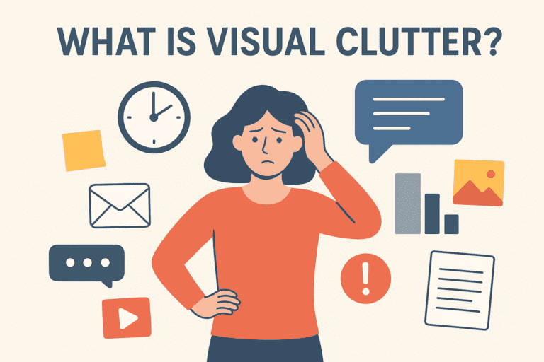 Confused woman surrounded by icons and text illustrating visual clutter