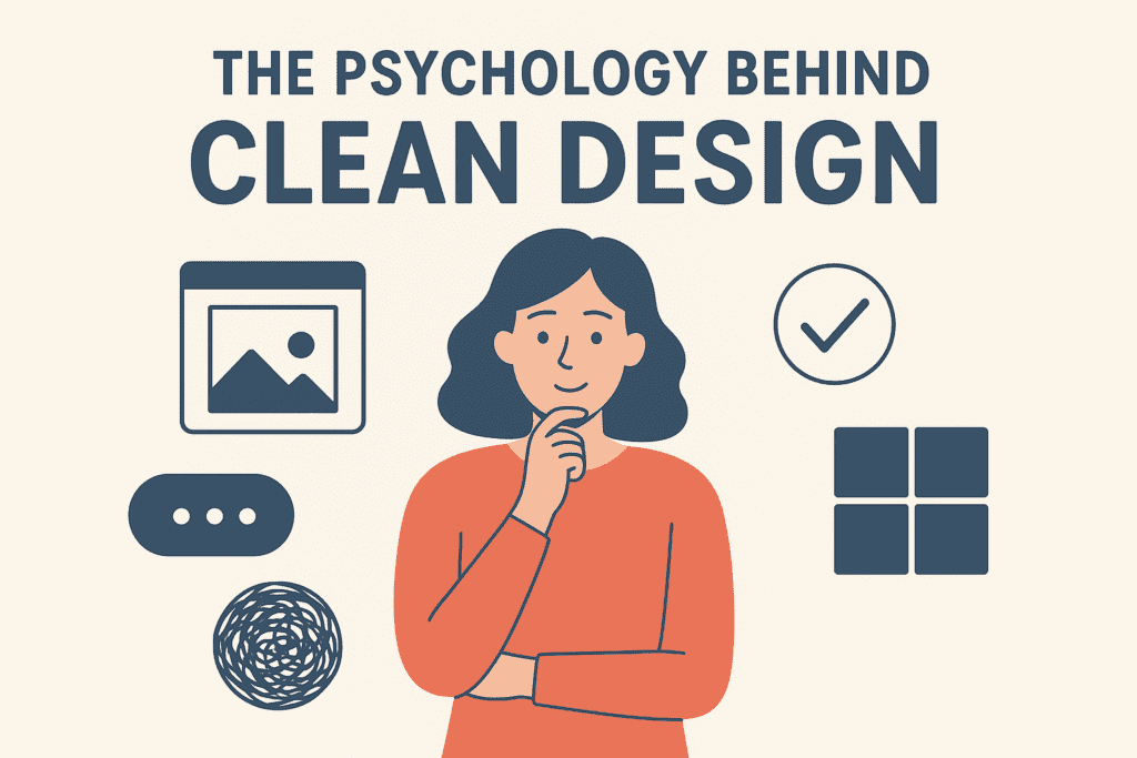 Thoughtful woman with clean design icons illustrating the psychology behind clean design.