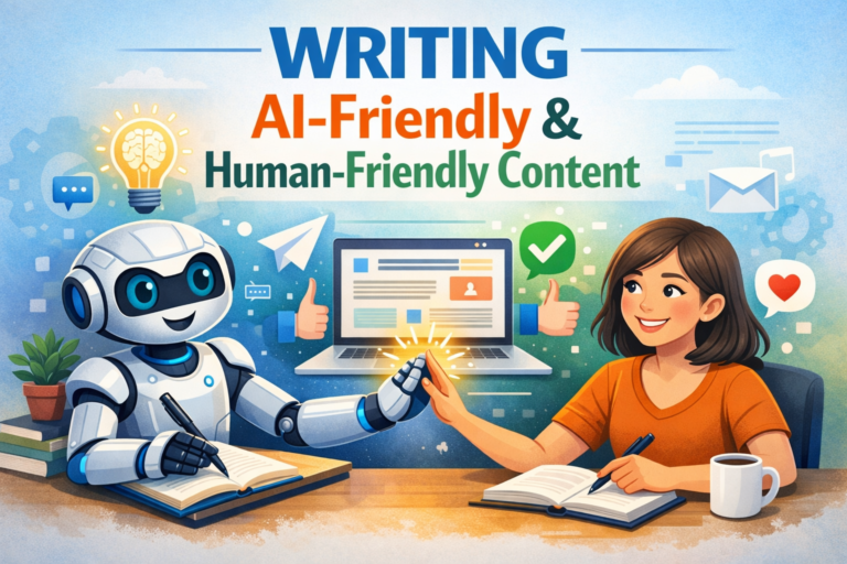 Illustration with the text "Writing AI-Friendly and Human-Friendly Content," showing a hand writing on paper and a friendly waving robot.