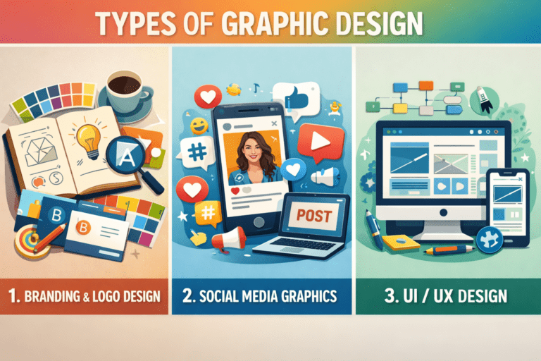 Types of graphic design poster with icons of typography, pen tool, drawing, and digital design.