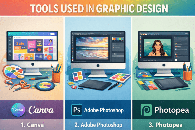 Tools used in graphic design poster with icons of pen tool, computer, pencil, and paint palette.