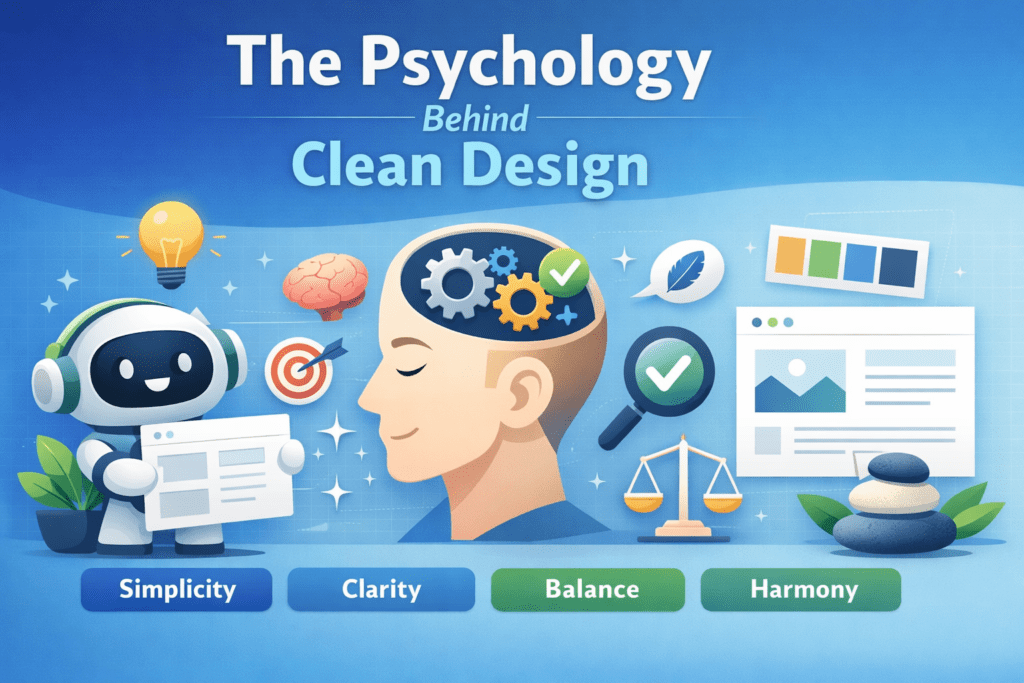 Thoughtful woman with clean design icons illustrating the psychology behind clean design.