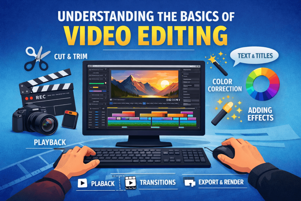 "Video editing basics illustration with timeline and tools"