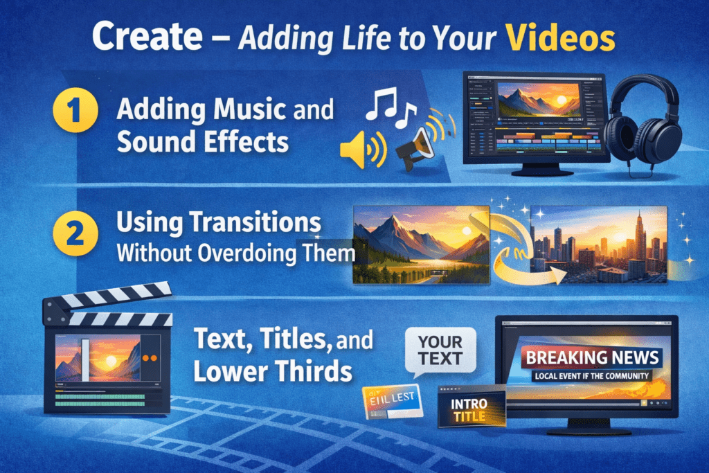 "Adding life to videos with music, transitions, and text"