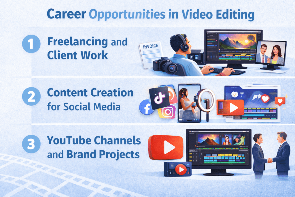 "Video editing career opportunities infographic in white and light blue theme"