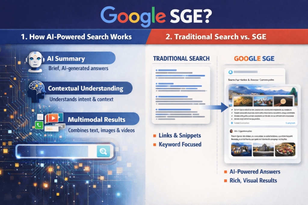 Illustration showing the text "What Is Google SGE?" with a magnifying glass over the Google logo and a search bar.