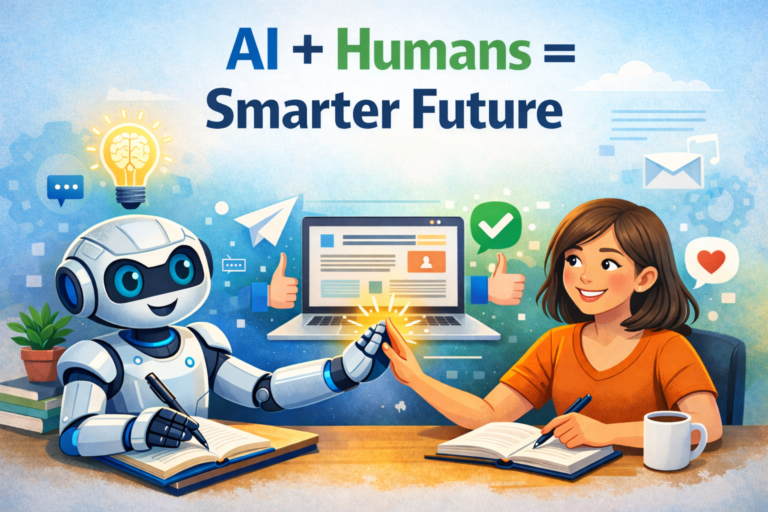Illustration with the text "Writing AI-Friendly and Human-Friendly Content," showing a hand writing on paper and a friendly waving robot.