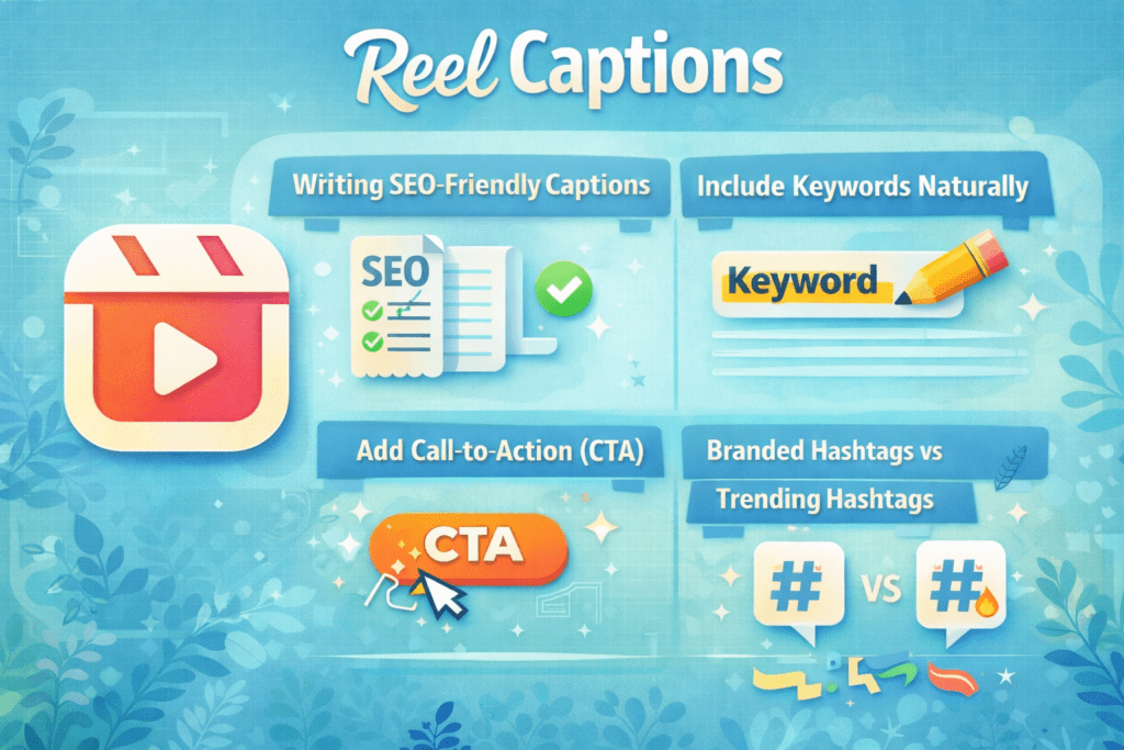 Infographic about Reel Captions with Instagram Reels logo and four tips: SEO-friendly captions, keyword use, CTA, and branded vs trending hashtags.