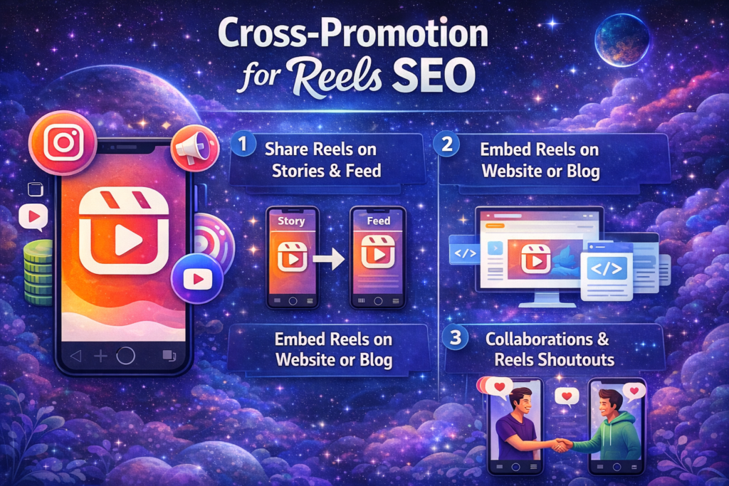 Infographic on Cross-Promotion for Reels SEO with space background, showing tips: share on Stories & Feed, embed on website/blog, and collaborate for shoutouts.