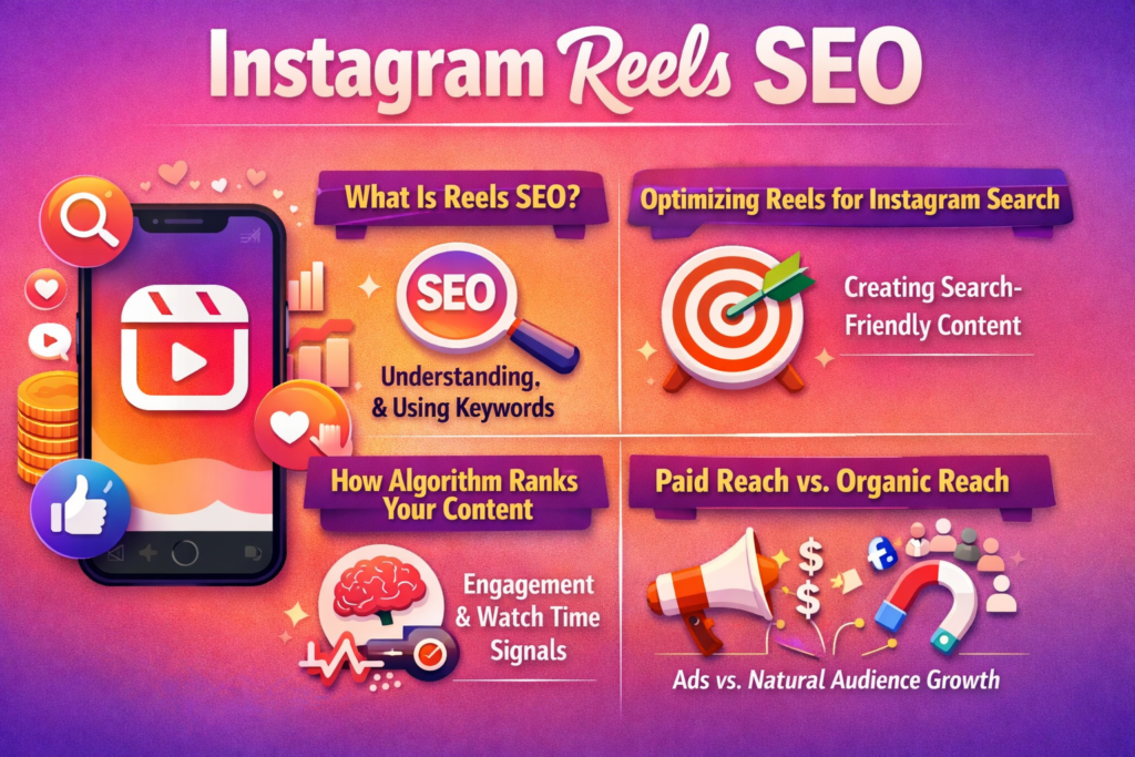 Infographic explaining Instagram Reels SEO with four sections: What is Reels SEO, Optimizing Reels for Search, Algorithm Ranking, and Paid vs Organic Reach.