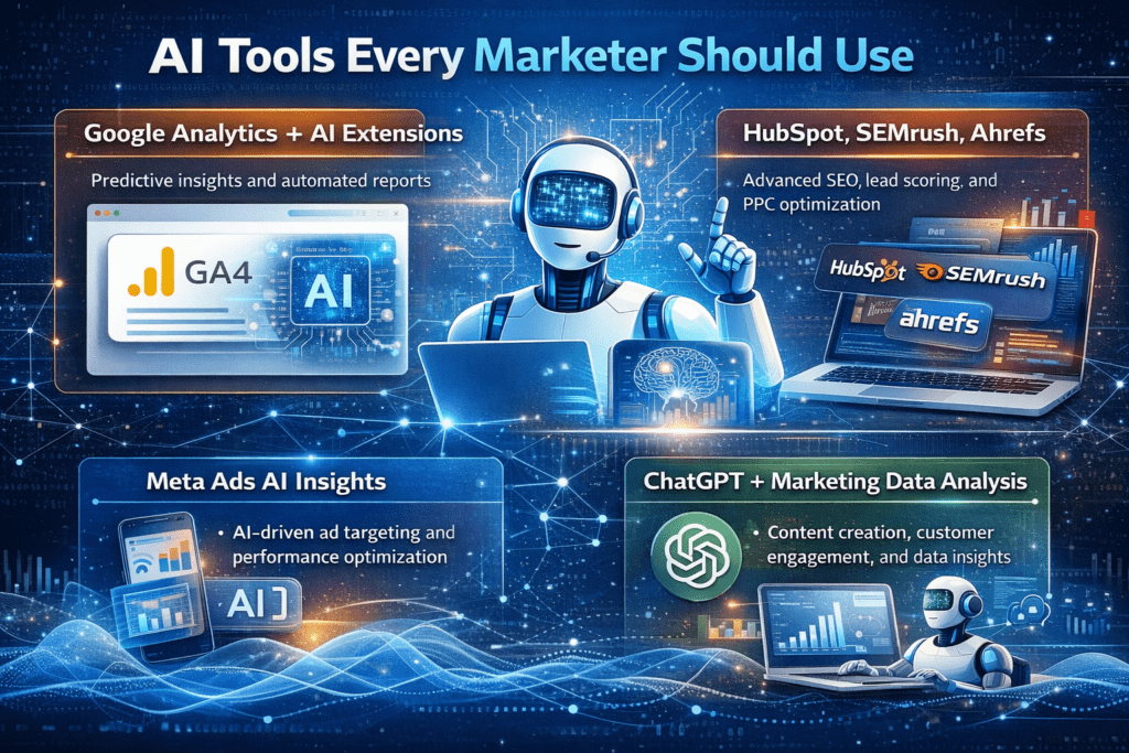 Infographic showing top AI tools for marketers including Google Analytics, HubSpot, SEMrush, Ahrefs, Meta Ads AI Insights, and ChatGPT for data analysis.