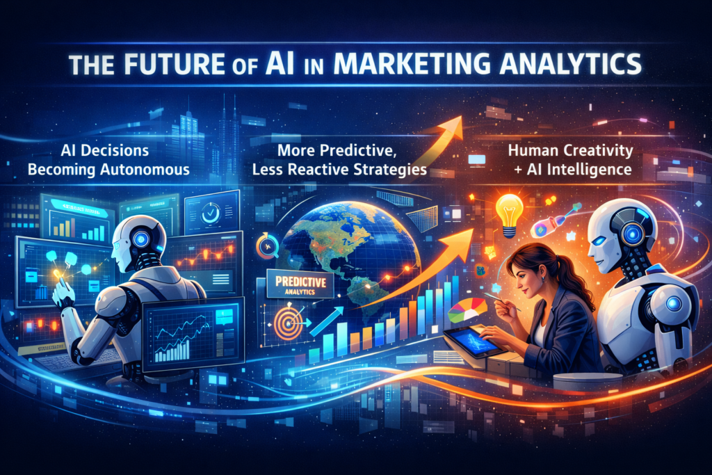 Futuristic AI-powered marketing analytics with robots, predictive charts, and human-AI collaboration.