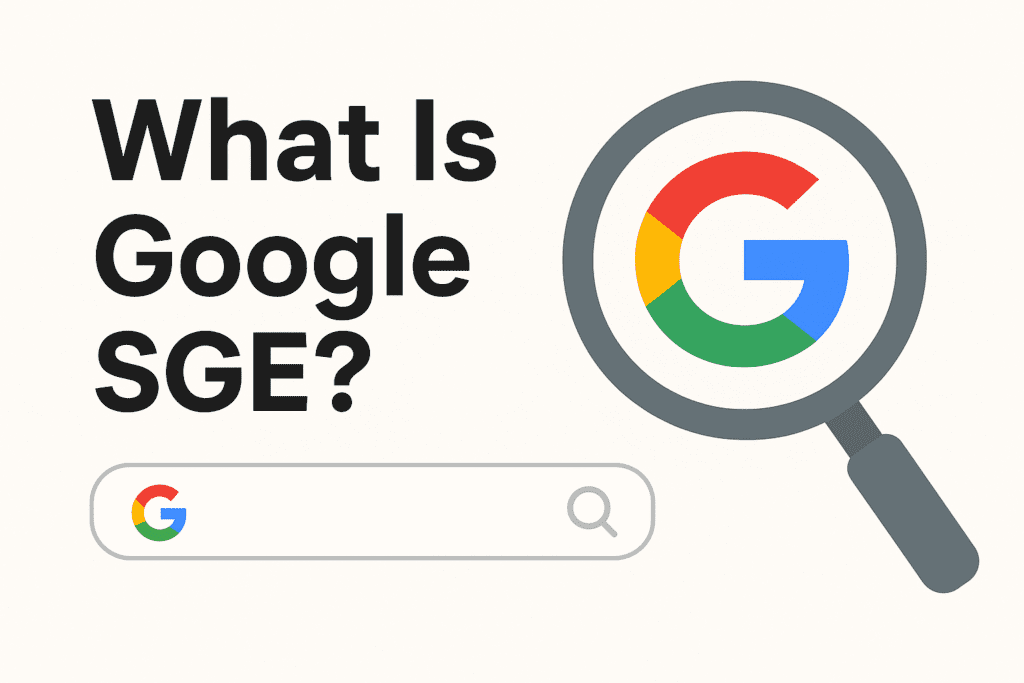 Illustration showing the text "What Is Google SGE?" with a magnifying glass over the Google logo and a search bar.