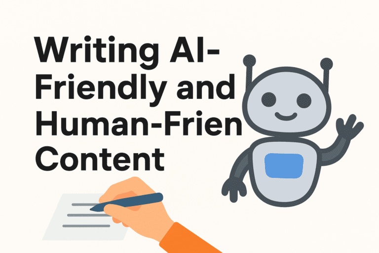 Illustration with the text "Writing AI-Friendly and Human-Friendly Content," showing a hand writing on paper and a friendly waving robot.