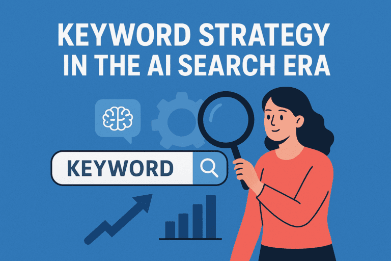 Illustration of a person typing on a laptop with a friendly robot and a floating paper with a pen, representing AI-friendly and human-friendly content.