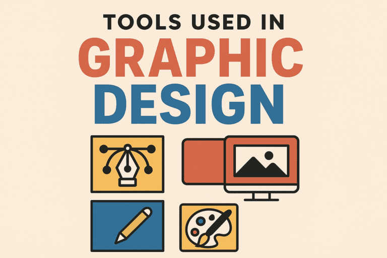 Tools used in graphic design poster with icons of pen tool, computer, pencil, and paint palette.
