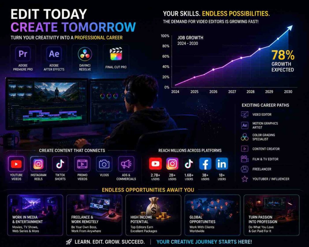 Growth graph video content icons social media visuals that are taught in video editing course after 12th