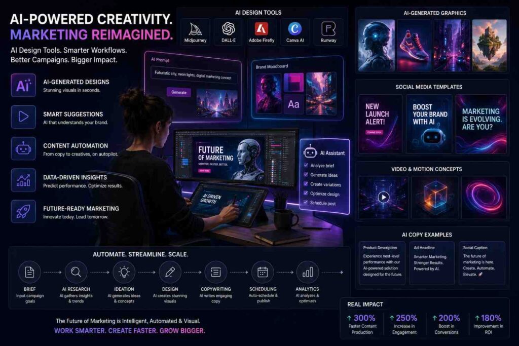 Futuristic AI-powered marketing workspace featuring AI design tools, automation icons, AI-generated graphics, social media templates, and modern digital creative workflow visuals.