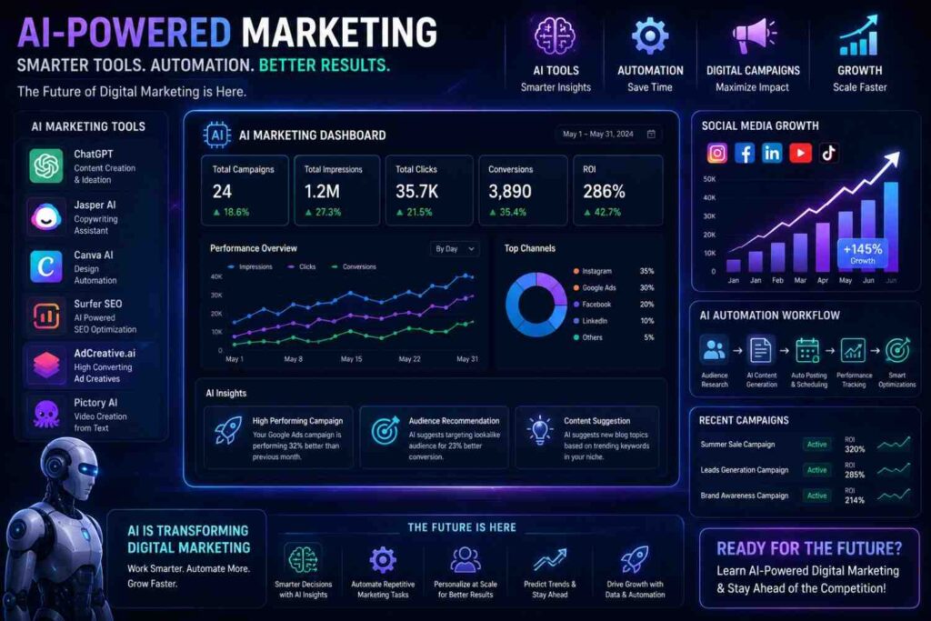 AI-powered marketing dashboard for a digital marketing course in Janakpuri featuring automation tools, digital campaign analytics, social media growth charts, futuristic AI visuals, and advanced digital marketing performance tracking interfaces.