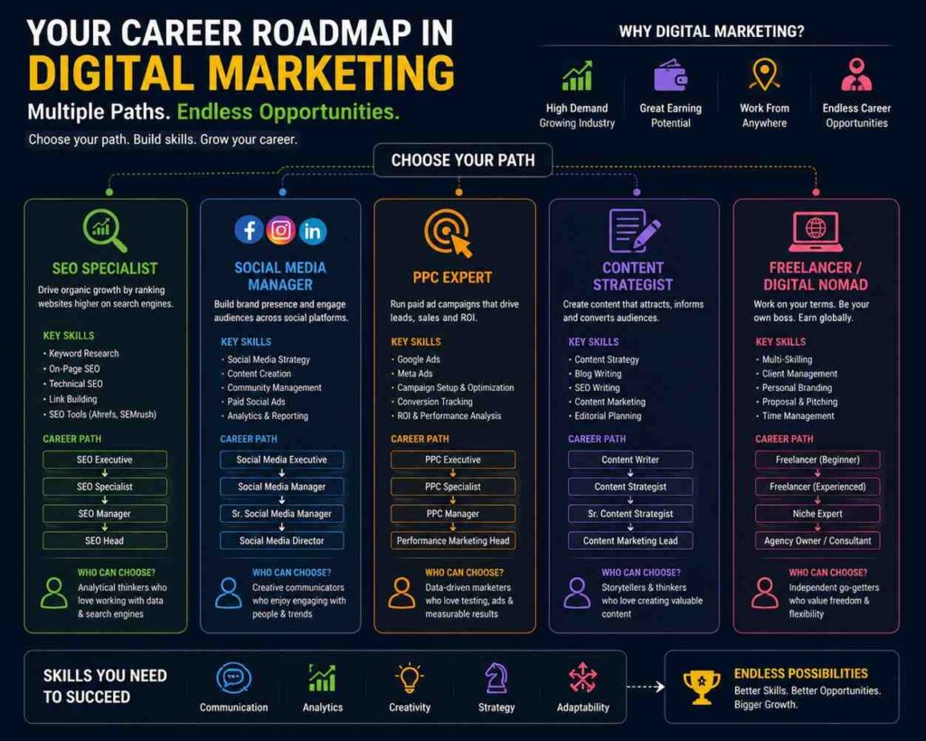 Digital marketing career roadmap infographic for a digital marketing course in Janakpuri featuring SEO specialist, social media manager, PPC expert, freelancer, and content strategist career paths with marketing strategy visuals and skill development concepts.