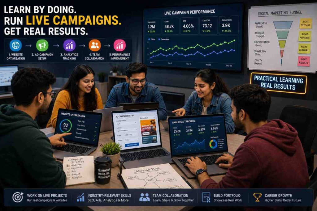 Students working on live projects in a digital marketing course in Janakpuri featuring website optimization dashboards, ad campaign setup screens, analytics tracking tools, SEO performance metrics, and collaborative teamwork discussions on laptops.