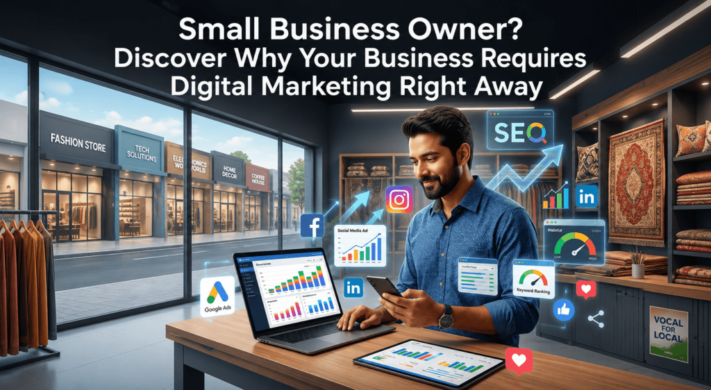 Small business owners using digital marketing tools in a modern retail workspace featuring SEO analytics, Google Ads dashboard, social media marketing icons, online growth charts, and digital business strategy visuals.