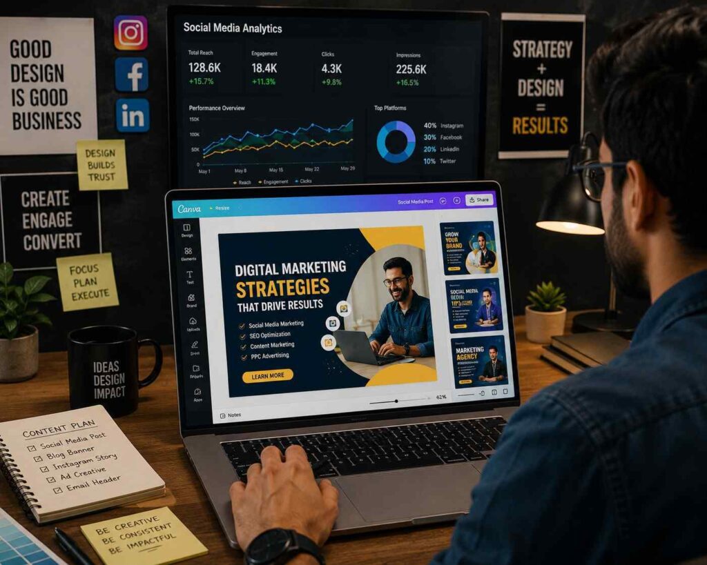 Graphic design and marketing campaign workspace