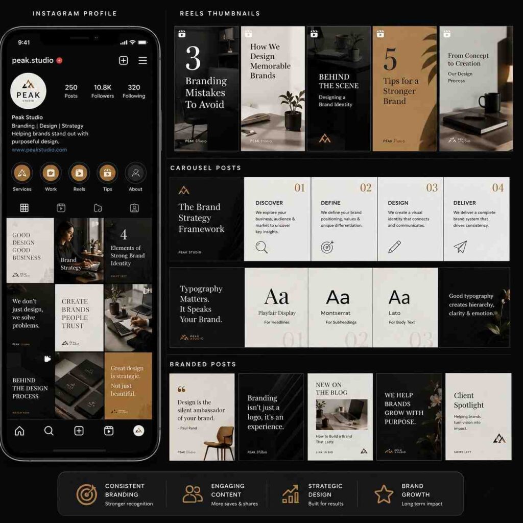 Graphic design & marketing social media templates featuring Instagram branding, reels thumbnails, carousel posts, typography, and branded content visuals.