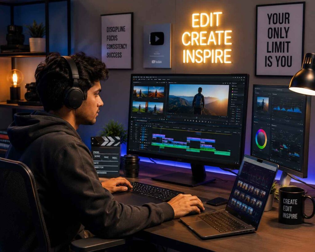 professional video editor working on pc.