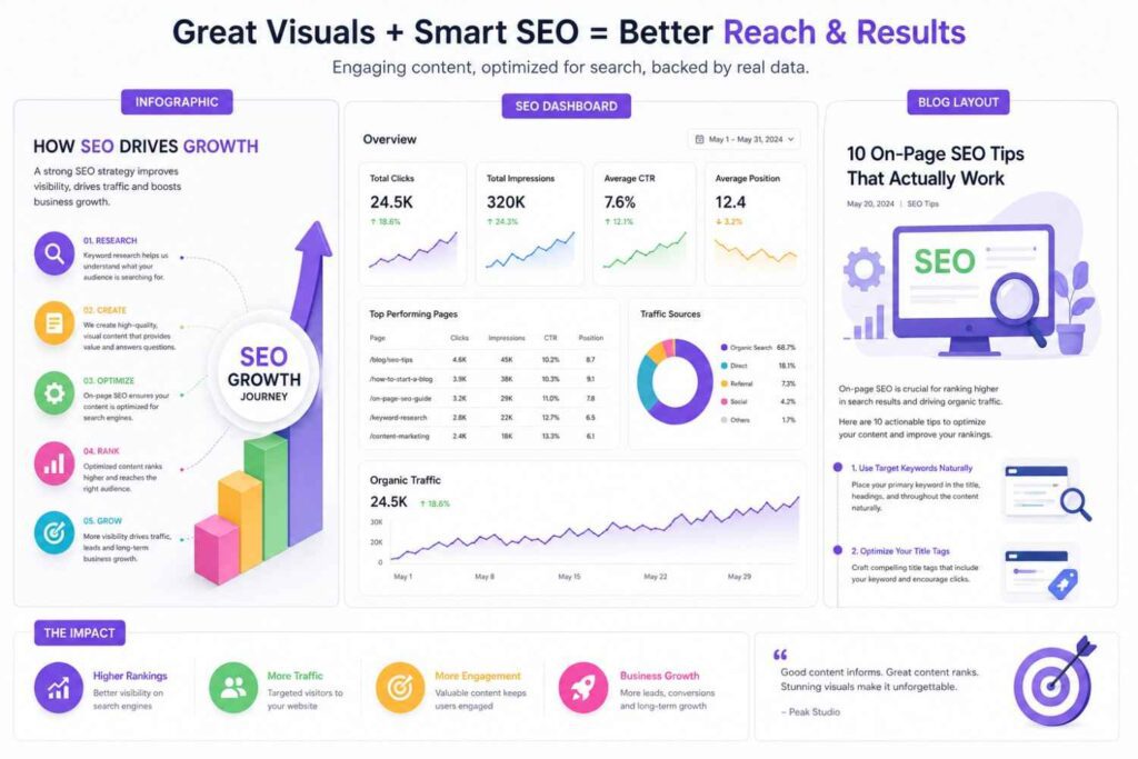 Graphic design & marketing dashboard featuring infographic visuals, blog layouts, analytics charts, and SEO performance metrics.
