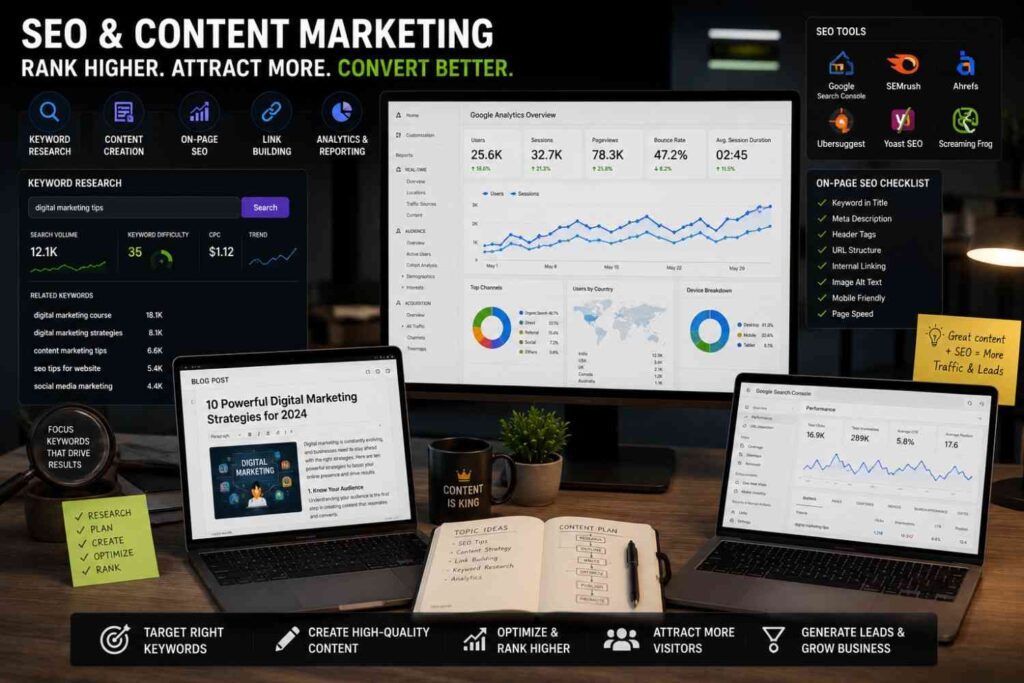 Modern SEO and content marketing workspace for a digital marketing course in Janakpuri featuring keyword research tools, Google Analytics dashboard, blog writing interface, SEO performance charts, and digital marketing strategy visuals on multiple screens and laptops.
