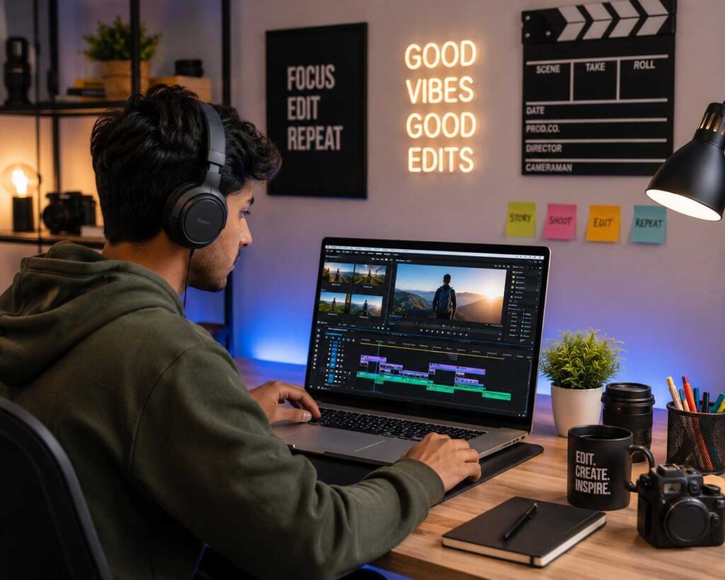 video editor working on laptop.