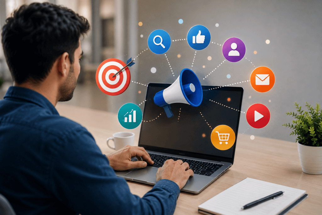 The digital marketing course is the best computer course to learn in 2026 for career growth, with a student learning online marketing skills on a laptop