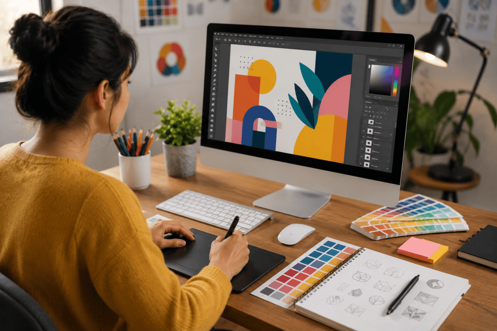 A graphic design course showing a student creating digital artwork using a graphics tablet and design software