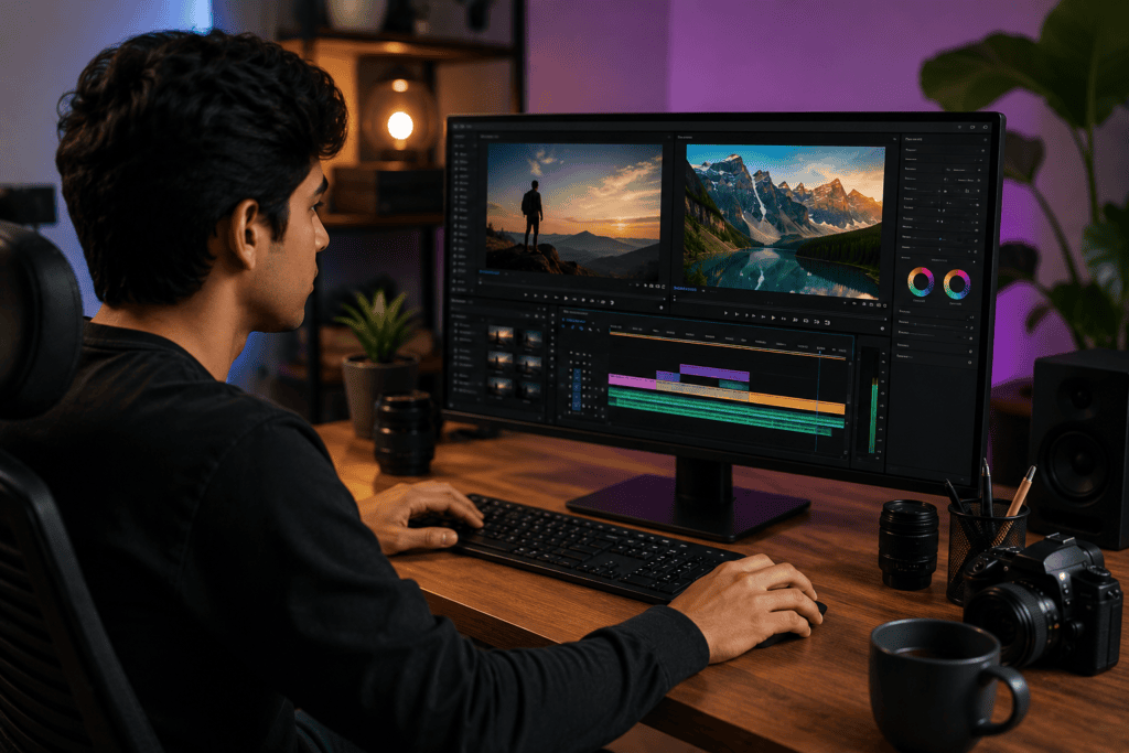 Best Computer Courses to Learn in 2026. A video editing course showing a student editing footage with a professional video editing software on a computer