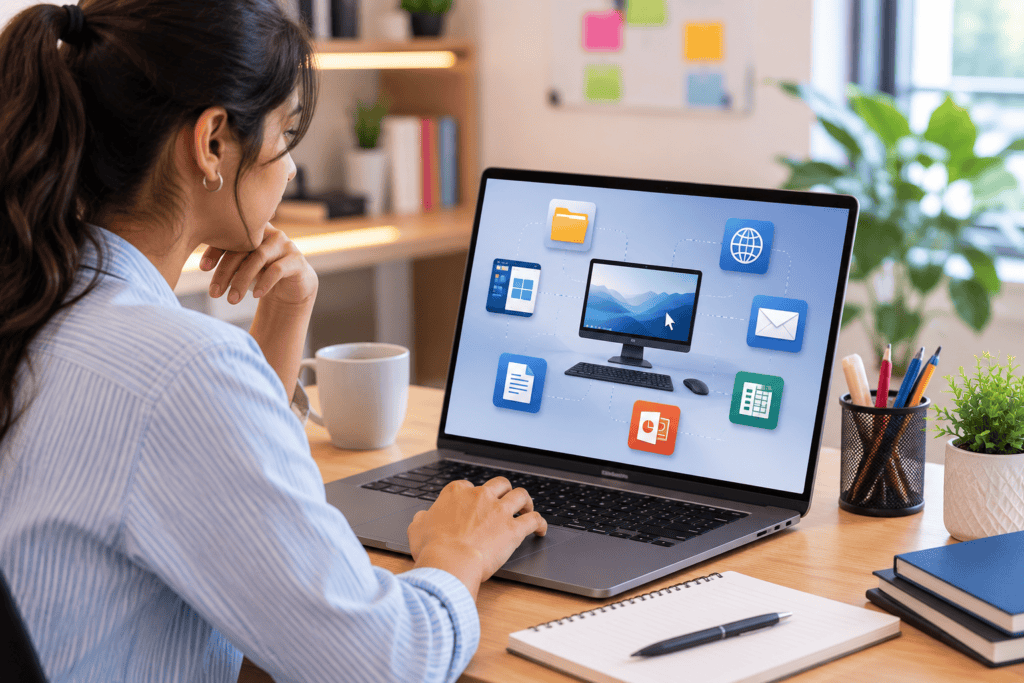 Computer skills course showing a beginner learning the best computer courses to learn in 2026, essential computer skills on a laptop in a modern workspace