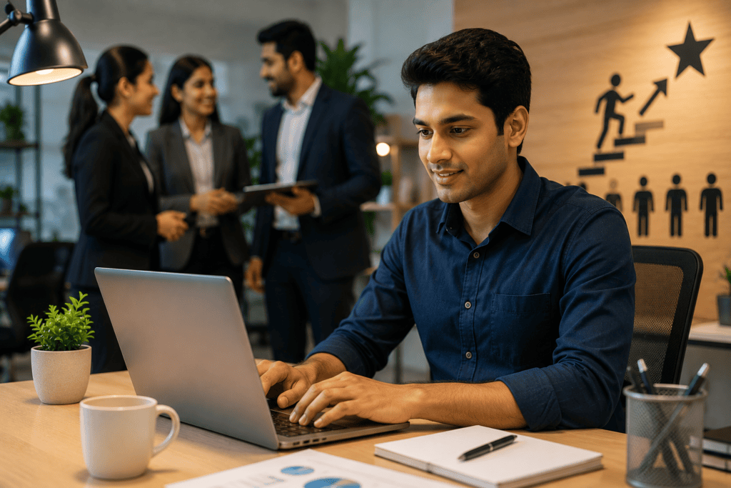Job-ready computer skills helping a best computer course to Learn in 2026 professional improve career opportunities while working on a laptop in an office