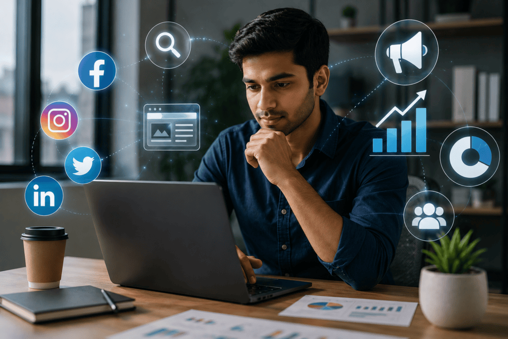Digital Marketing course showing a professional using a laptop to plan online marketing campaigns and analyze digital marketing data