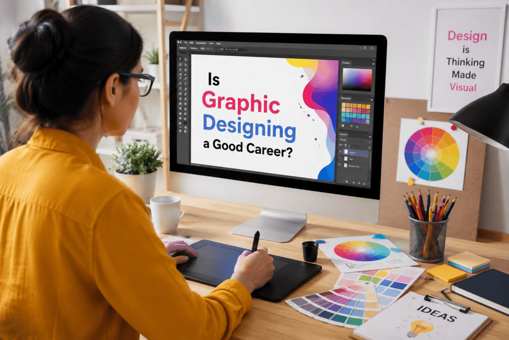 A graphic designer working on a digital tablet at a computer, with colorful design tools, color swatches, and creative materials on the desk. The screen displays “Is Graphic Designing a Good Career?”