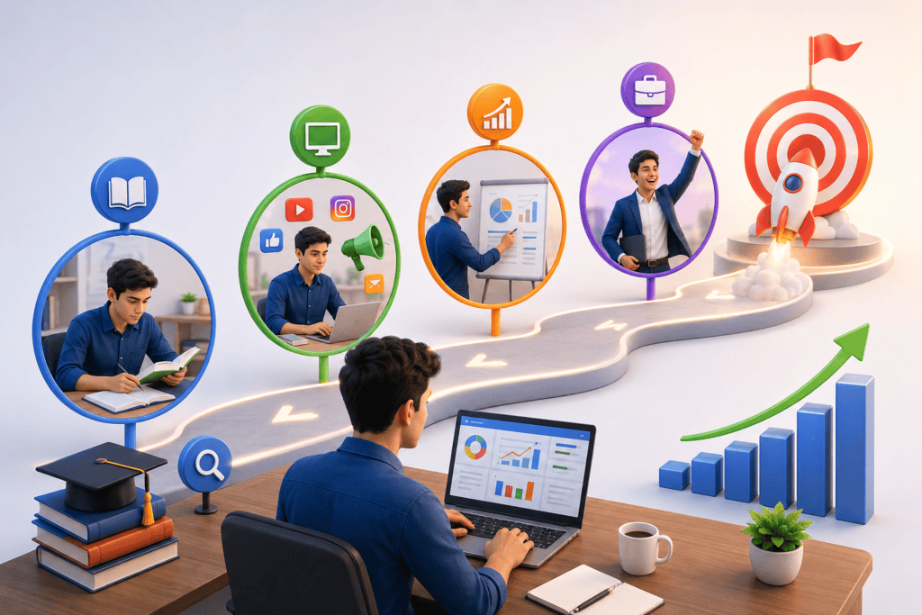 “Digital marketing career path showing a student learning digital marketing, gaining practical skills and experience, developing professionally, and progressing toward career success.