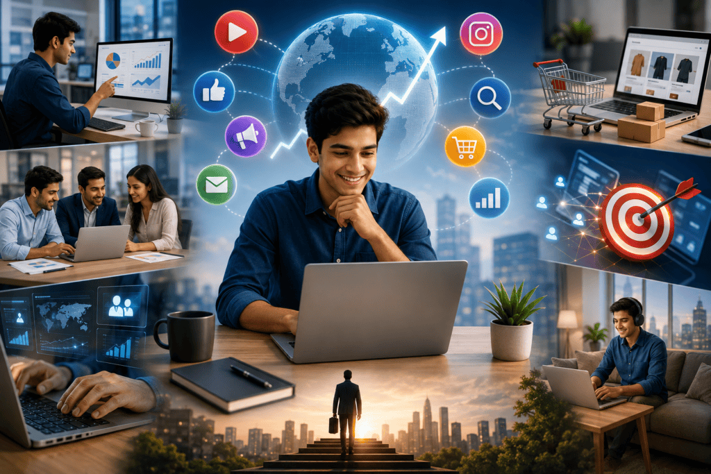 Digital marketing career opportunities in 2026, showing professionals using digital tools for SEO, social media, advertising, analytics, remote work, freelancing, and business growth.