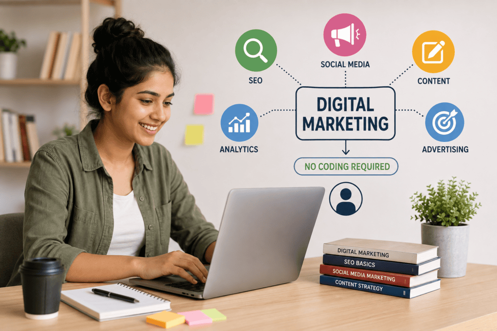 “Beginner learning without a technical background, using a laptop to study SEO, social media, content, analytics, and advertising without requiring advanced coding skills.