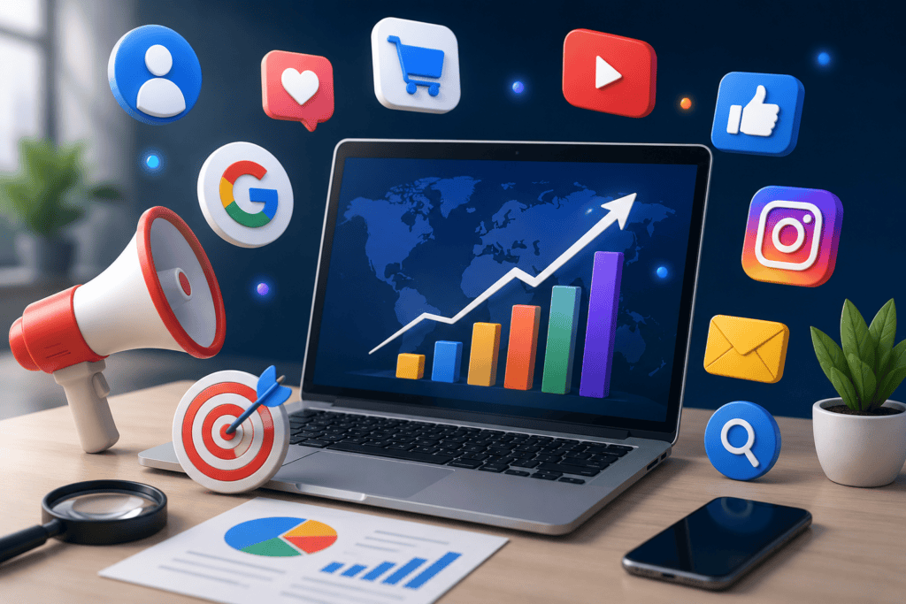 What is digital marketing? Digital marketing is a strategy that uses SEO, social media, online advertising, email marketing, and analytics to reach customers and grow a business.