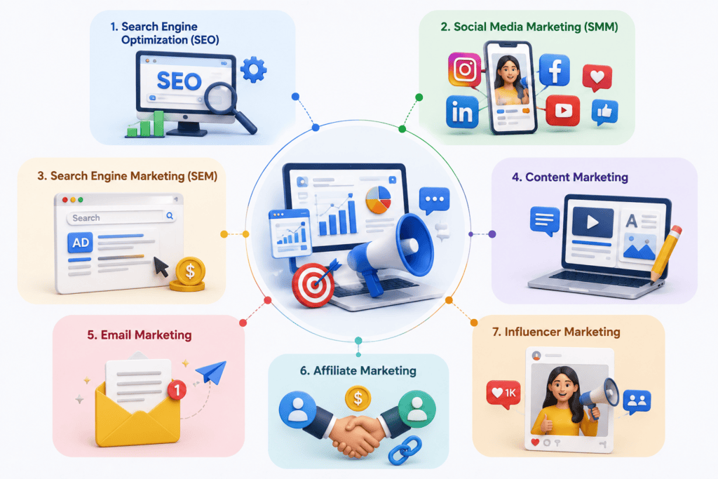 Different types of digital marketing including SEO, social media marketing, search engine marketing, content marketing, email marketing, affiliate marketing, and influencer marketing.